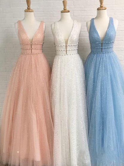 Sparkly Deep V Neck Long Beaded Backless Light Blue Prom Dresses Cheap Party Dress BD22057
