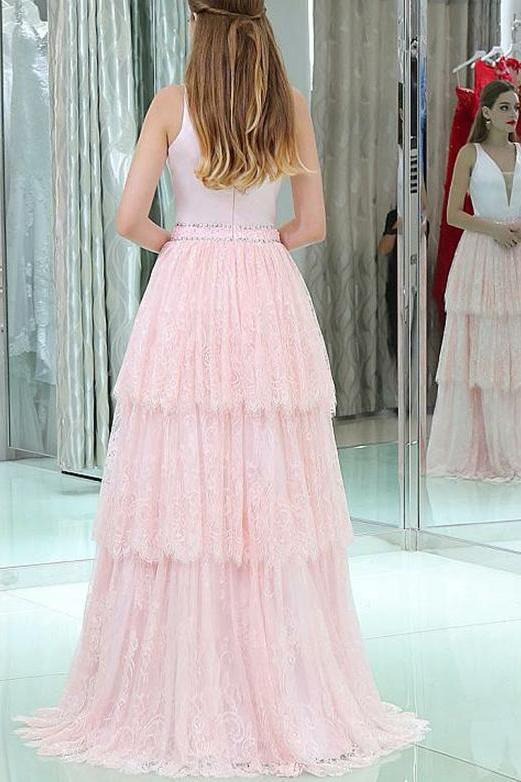 V-Neck Sleeveless Lace Long Pink Prom Dresses With Beading Tiered Evening Dress,BD22012