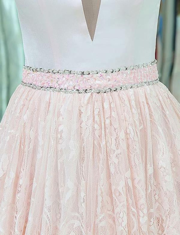 V-Neck Sleeveless Lace Long Pink Prom Dresses With Beading Tiered Evening Dress,BD22012