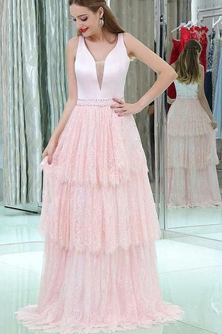 V-Neck Sleeveless Lace Long Pink Prom Dresses With Beading Tiered Evening Dress,BD22012