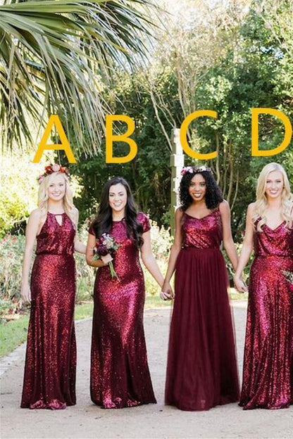 Vintage Burgundy Sequins Backless Long Prom Dresses Bridesmaid Dresses,BD22013