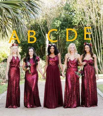 Vintage Burgundy Sequins Backless Long Prom Dresses Bridesmaid Dresses,BD22013