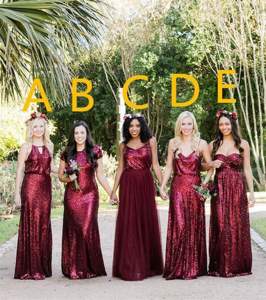 Vintage Burgundy Sequins Backless Long Prom Dresses Bridesmaid Dresses,BD22013