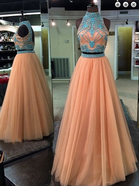 Two Pieces Evening Dress,Tulle Prom Dress,High Neck prom dress,Charming prom dress,Long prom dress,BD2900
