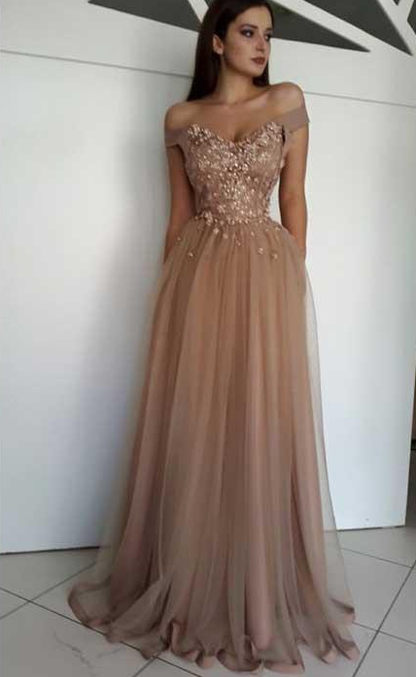 chic champagne tulle off shoulder long prom dress,HO134