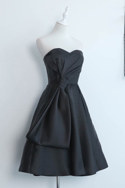 Simple Black Satin Strapless Short Prom Dress, Black Home Party Dress, BH91217