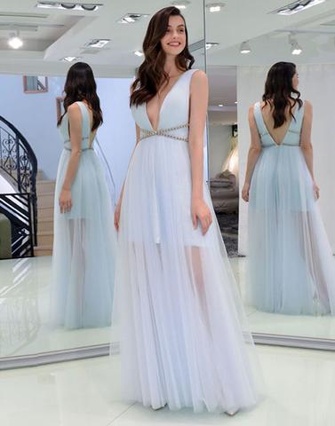 Light blue v neck tulle long prom dress,evening dresses,072504