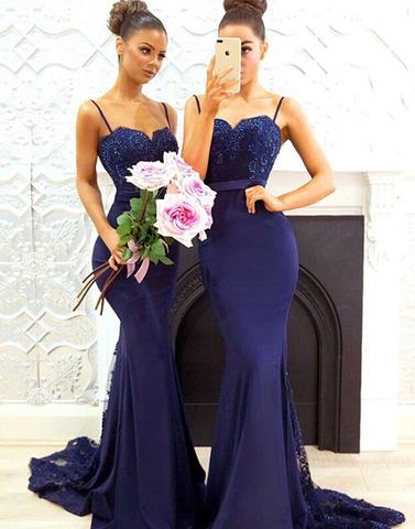 Mermaid dark blue lace long prom dresses, bridesmaid dresses,BD1101