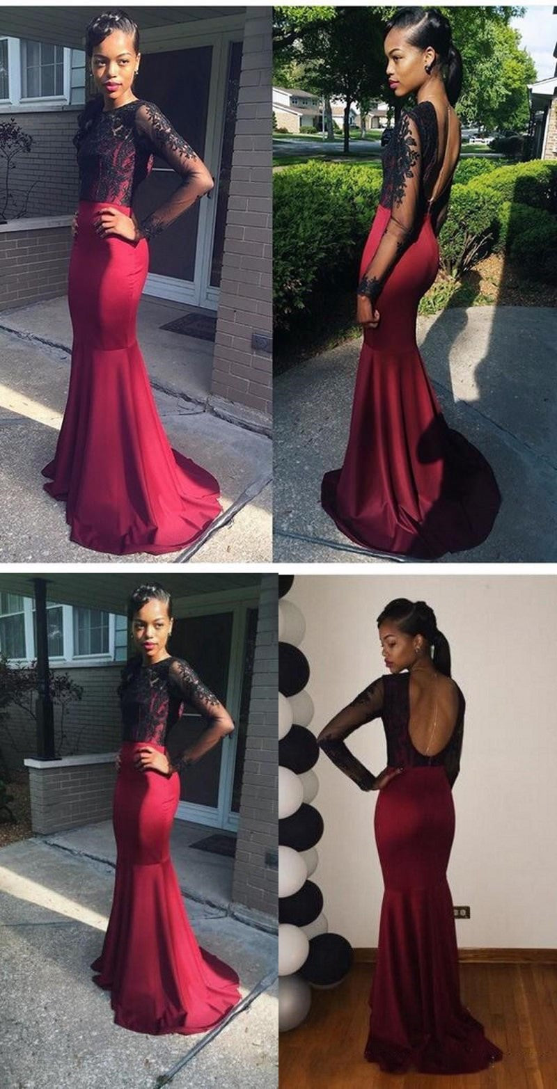 Long Sleeve Prom Dresses,Mermaid Prom Dress,Back Hollow Prom Dresses,Lace Prom Dress,Cheap Prom Dresses,PD00140