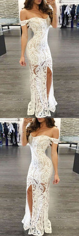 White Prom Dress - Sheath Off-the-Shoulder Long Lace with Split,BD49512