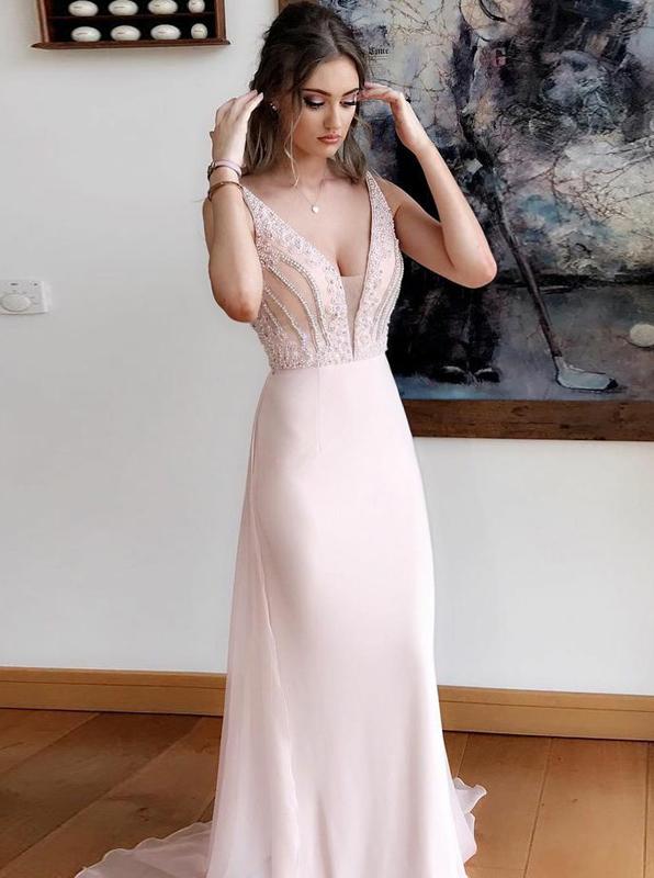 Elegant Chiffon Prom Dress with Train,Evening Dress with Beaded Top,V Neck Prom Dresses,072602
