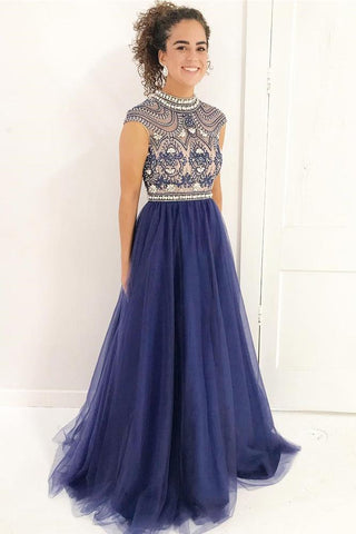Chic Navy Blue Tulle Long Beaded Prom Dress, BO04