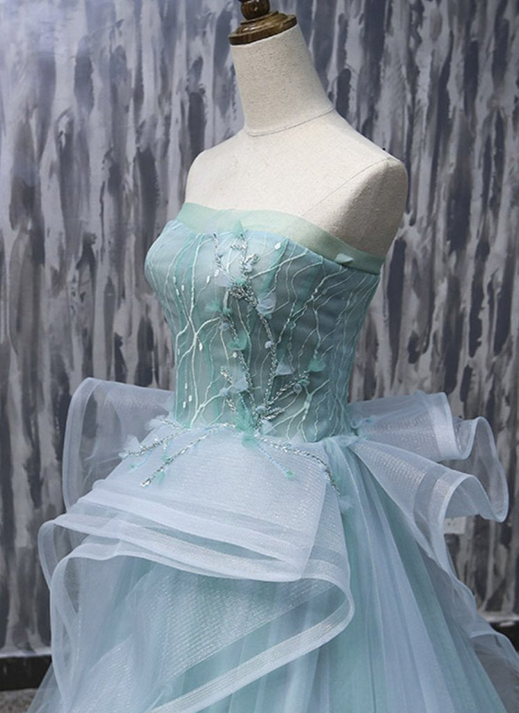 Mint Tulle Long Strapless Ruffles Sweet 16 Prom Dress, BH91216