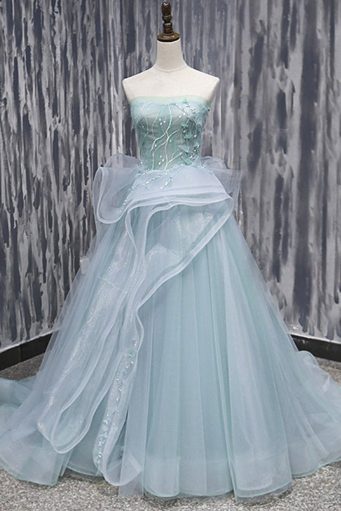 Mint Tulle Long Strapless Ruffles Sweet 16 Prom Dress, BH91216