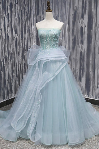 Mint Tulle Long Strapless Ruffles Sweet 16 Prom Dress, BH91216