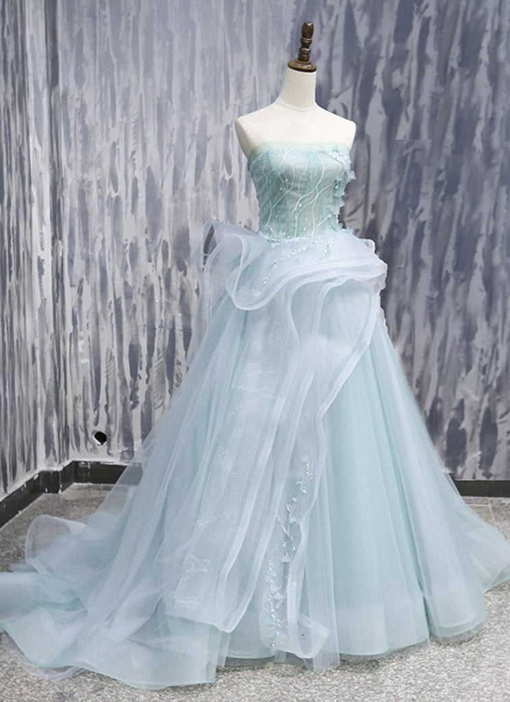 Mint Tulle Long Strapless Ruffles Sweet 16 Prom Dress, BH91216
