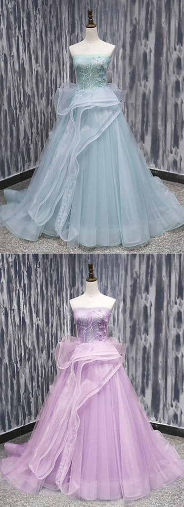 Mint Tulle Long Strapless Ruffles Sweet 16 Prom Dress, BH91216