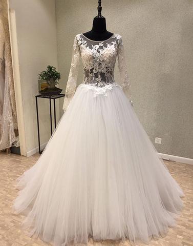 White lace tulle long prom dress, long sleeve evening dresses,072513