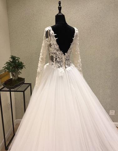 White lace tulle long prom dress, long sleeve evening dresses,072513