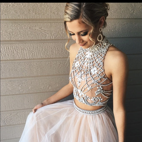 Two Pieces Prom Dresses,Unique Prom Dress,Fashion Prom Dresses,High Neck Prom Dress,Cheap Prom Dress,PD00106