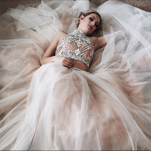 Two Pieces Prom Dresses,Unique Prom Dress,Fashion Prom Dresses,High Neck Prom Dress,Cheap Prom Dress,PD00106