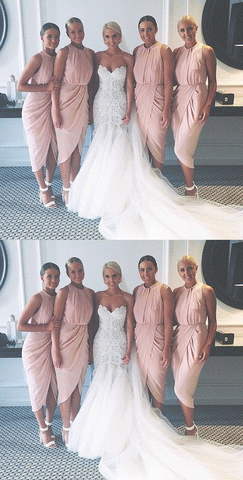 Pink Scoop Neckline Chiffon Evening Dress, Bridesmaid Dress,BH91067