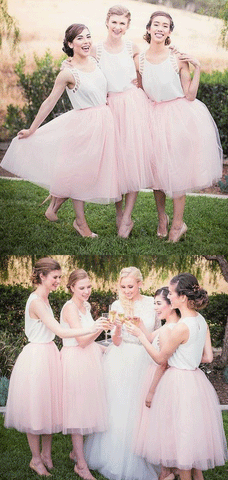 A-Line Round Neck Tea-Length Pink Tulle Bridesmaid Dress,BH91071