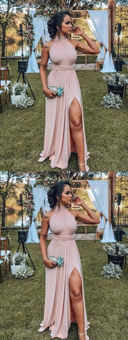 A Line Halter Backless Slit Blush Elastic Satin Long Prom Dresses,Formal Party Dresses,BH91060