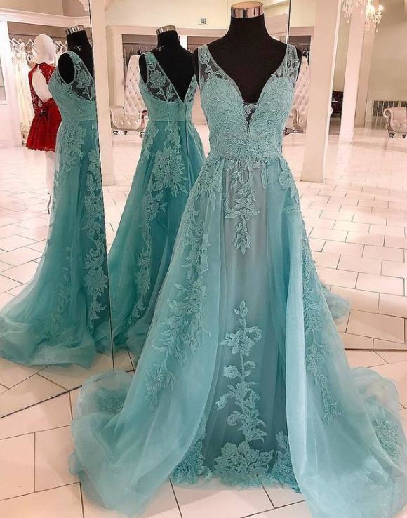 V neck Tulle Green A Line Prom Dress with Appliques, Formal Evening Gowns, BH91203