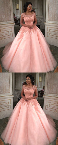 Modest Lace Cap Sleeves Coral Organza Quinceanera Dresses Ball Gowns,BH91079