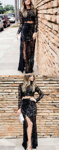 Two Piece Long Sleeves Prom Dress, Black Lace Prom Dress,BH91081