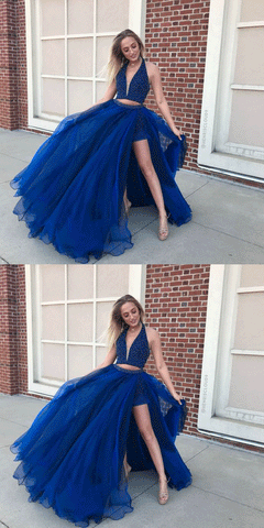 Sexy Halter Beaded Bodice Two Piece Prom Dress,Long Tulle Party Dress,BH91088