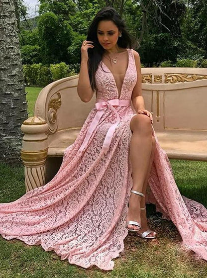 Pink Prom Dresses,Lace Prom Dress,Prom Dress with Slit,Long Evening Dress,072606