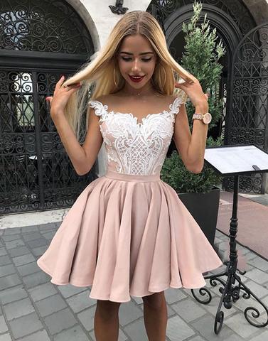 Pink lace satin short prom dress, homecoming dress