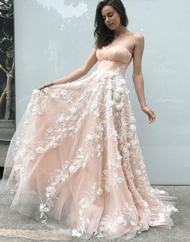 Unique light champagne tulle long prom dress, evening dress