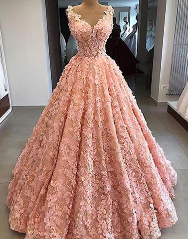 Pink v neck lace long prom dress, pink evening dress