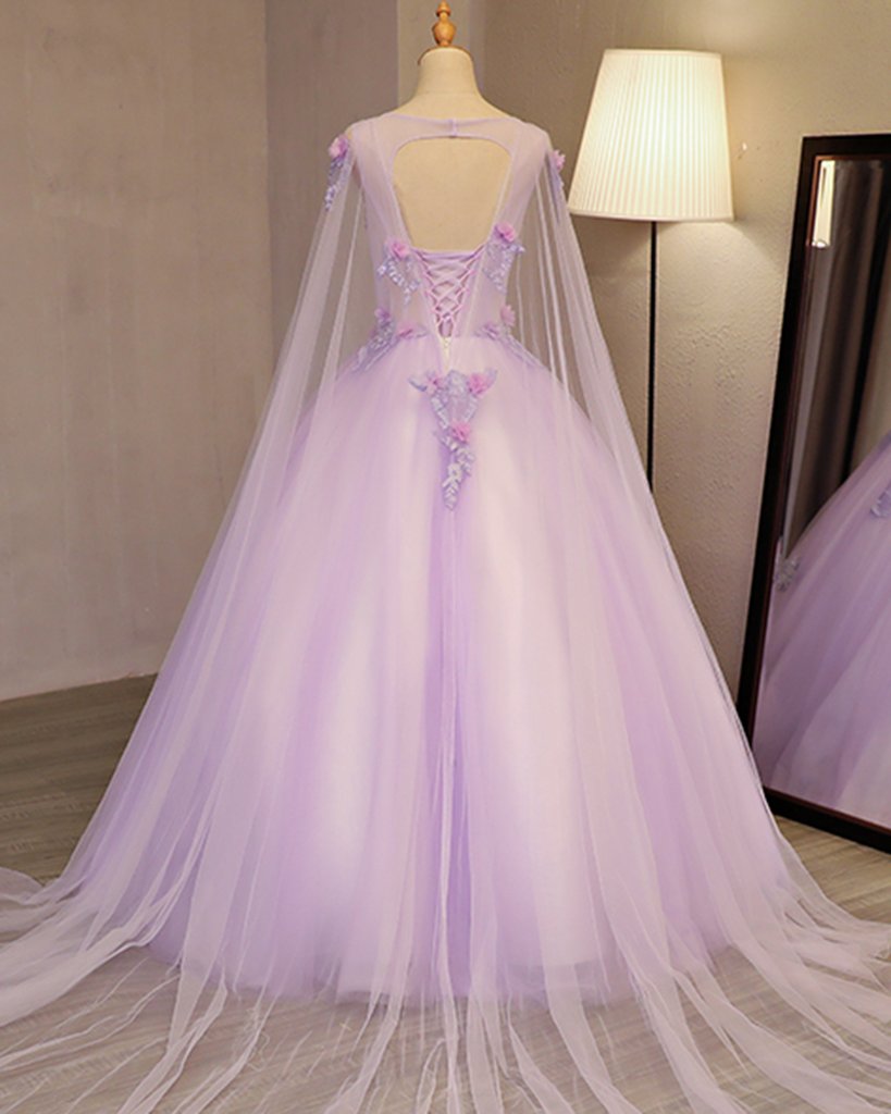 Lilac Tulle Round Neck Long 3D Lace Appliuqe Evening Dress, BH91222