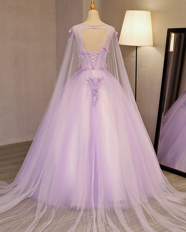 Lilac Tulle Round Neck Long 3D Lace Appliuqe Evening Dress, BH91222
