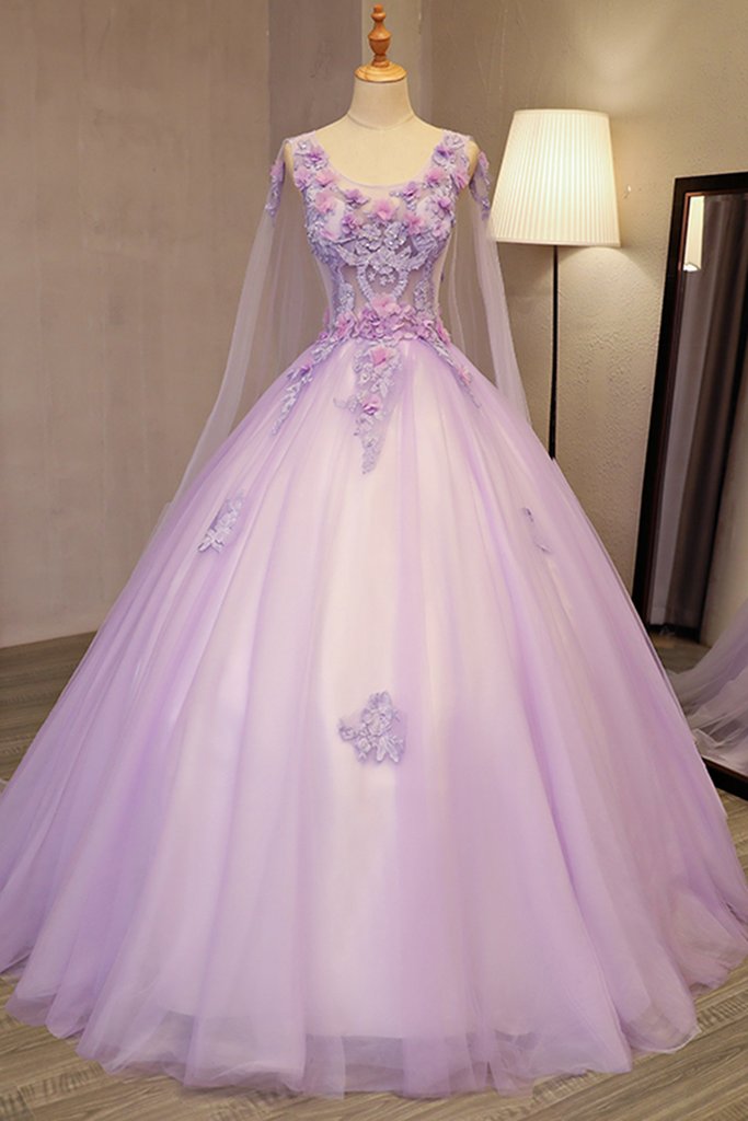 Lilac Tulle Round Neck Long 3D Lace Appliuqe Evening Dress, BH91222