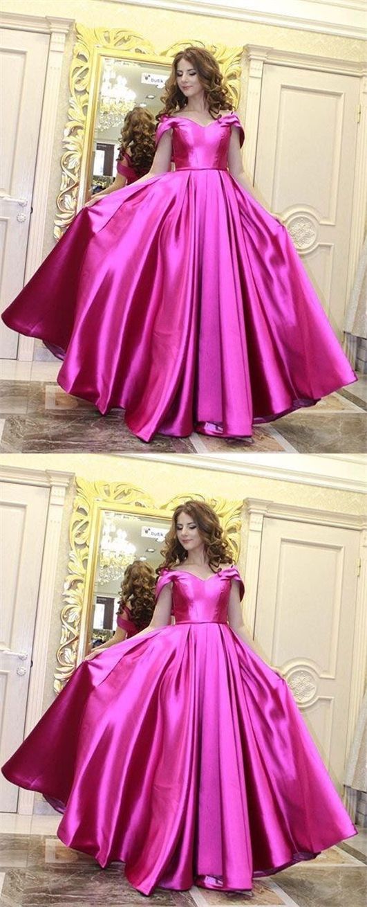 A-Line Off-the-Shoulder Sweep Train Fuchsia Satin Prom Dress,BH91036