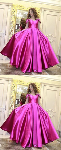 A-Line Off-the-Shoulder Sweep Train Fuchsia Satin Prom Dress,BH91036