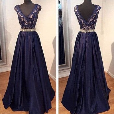 navy Prom Dresses,A-line Prom Dress,v-neck Prom Dress,charming Prom Dress,long prom dress,BD1004