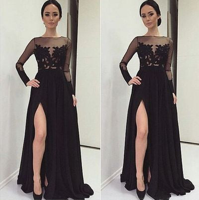 Long Sleeve Prom Dresses,Leg Slit Prom Dress,Black Prom Dresses,Chiffon Prom Dress,Cheap Prom Dresses,PD00141