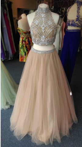 two pieces Prom Dresses,beaded prom dress,charming prom Dress,tulle prom dress,high neck evening dress,BD2417