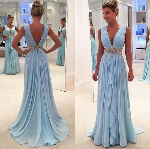 blue Prom Dresses,V-neck prom dress,charming prom Dress,chiffon prom dress,formal prom gown,BD2410