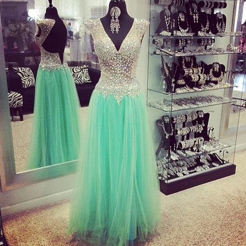 green tulle beaded v-neck cap sleeves long prom dress,HO140