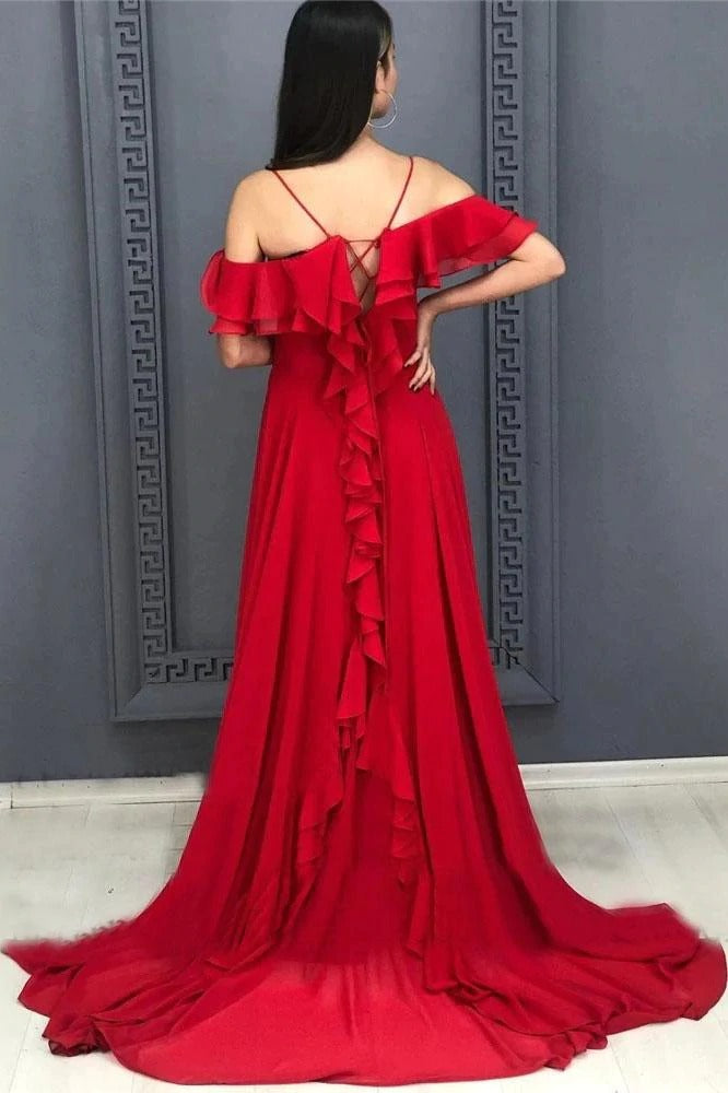 A Line Red Chiffon Prom Dresses Long Sexy Split Evening Dresses,BD22041