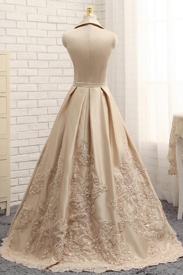 Gold V Neck Long Prom Dress, Formal A Line Evening Dress, BO01