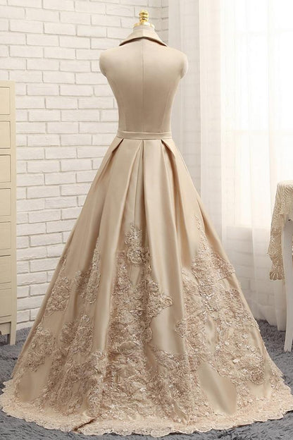 Gold V Neck Long Prom Dress, Formal A Line Evening Dress, BO01