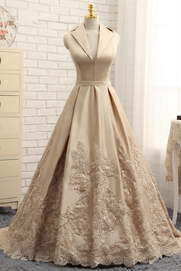 Gold V Neck Long Prom Dress, Formal A Line Evening Dress, BO01